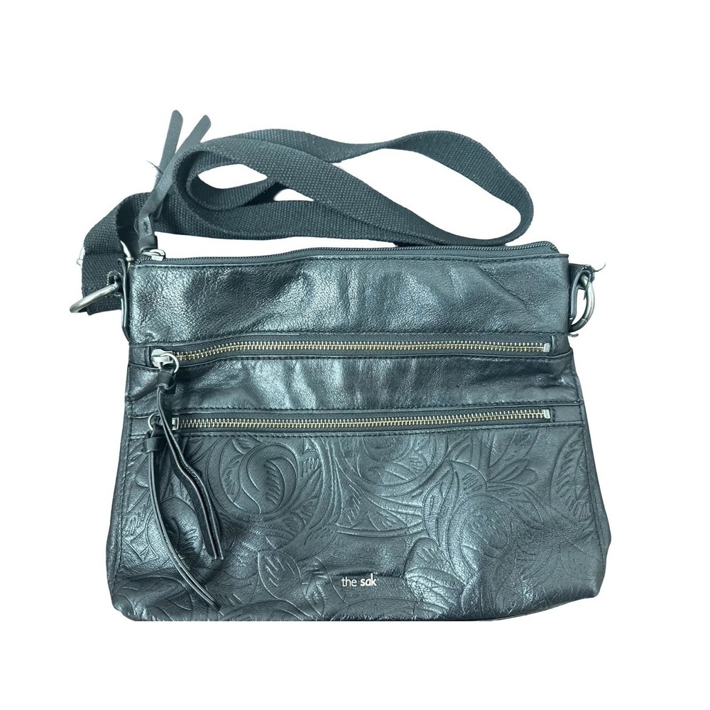 The Sak Reseda Purse Black Leaf Leather Crossbody Bag Blue Lined Pockets Travel